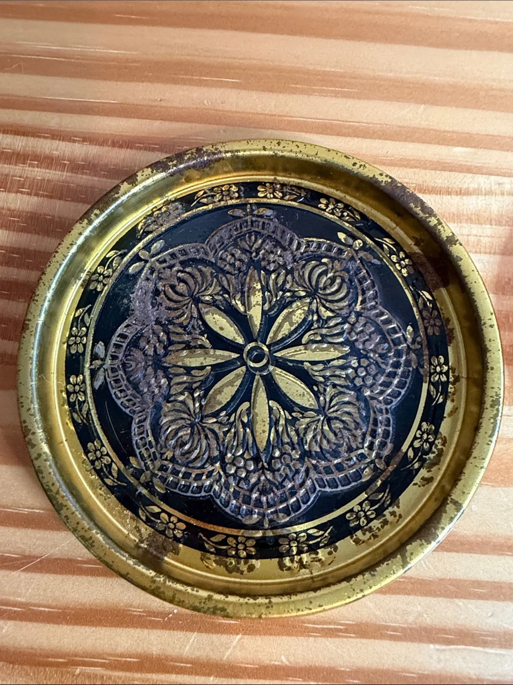 Vintage Stamped Brass Coasters Black Floral Rosette Design - Pair of 2